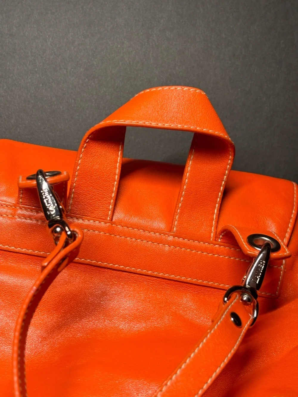 Lauren Ralph Lauren Orange Leather Drawstring Backpack Bag RL Logo